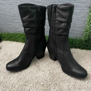 BareTraps Black Mid-Calf Folded Shaft Heeled Boots